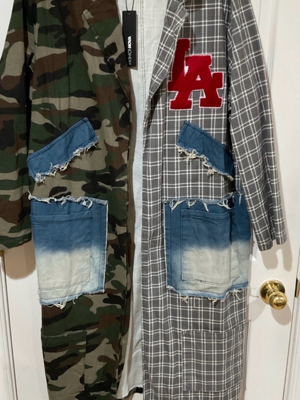 Fashion Nova Plaid Trench Coat with Denim Patch Pockets - Gray, Blue & Red